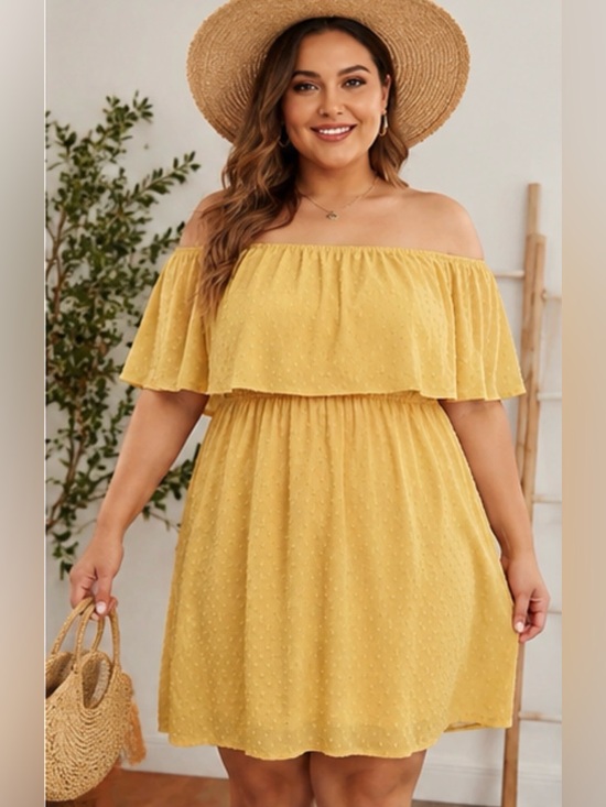 JustFab Other - Justfab Yellow Swiss Dot Off Shoulder Mini Dress Boho Flutter Sleeve Women’s XXL